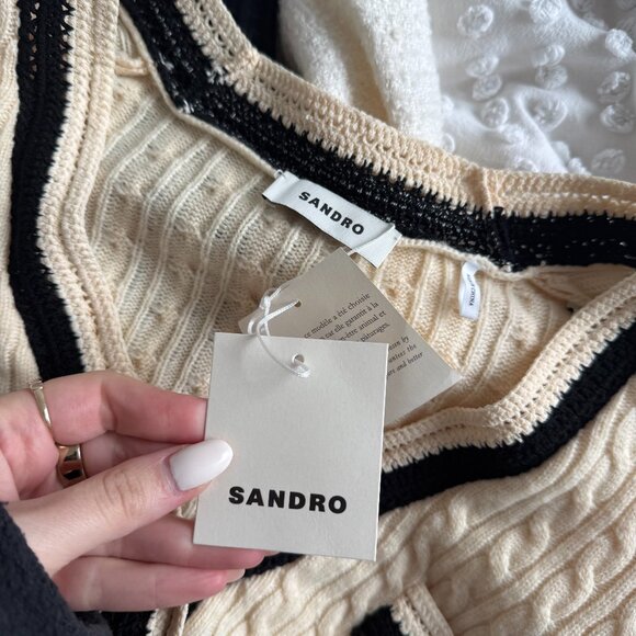 NWT Sandro Mercredi Cardigan Sweater Ecru Cable Knit V-Neck Wool Blend Contrast - Picture 3 of 10